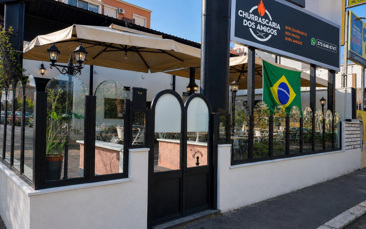 Ingresso della churrascaria a Roma su via Aurelia, con insegna, dehors e bandiera brasiliana