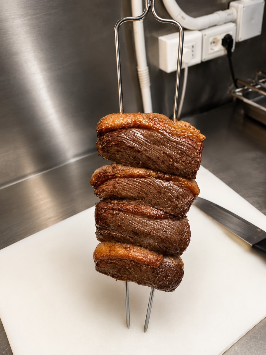 Spiedo di picanha appena tolto dalla brace nella cucina della churrascaria a Roma