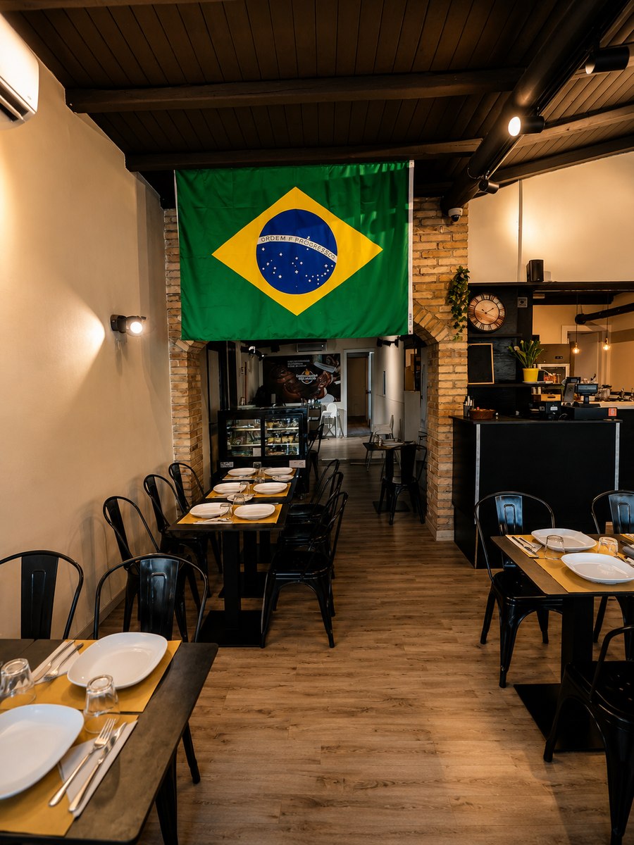 Sala apparecchiata con la bandiera brasiliana nella churrascaria a Roma