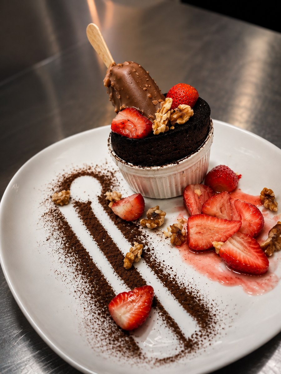 Dessert al cioccolato con fragole e noci servito nella churrascaria a Roma